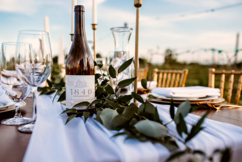Close up of a tablescape at a vineyard wedding in Ontario