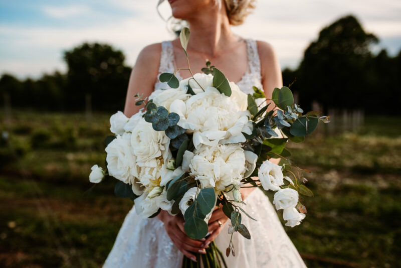Close up of a bridal bouquet during a vineyard wedding