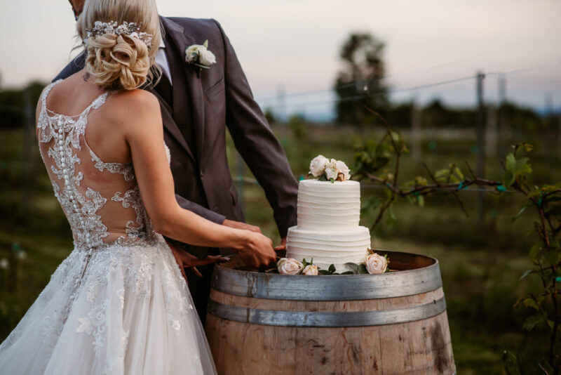 A bride and groom cutting their wedding cake in a vineyard